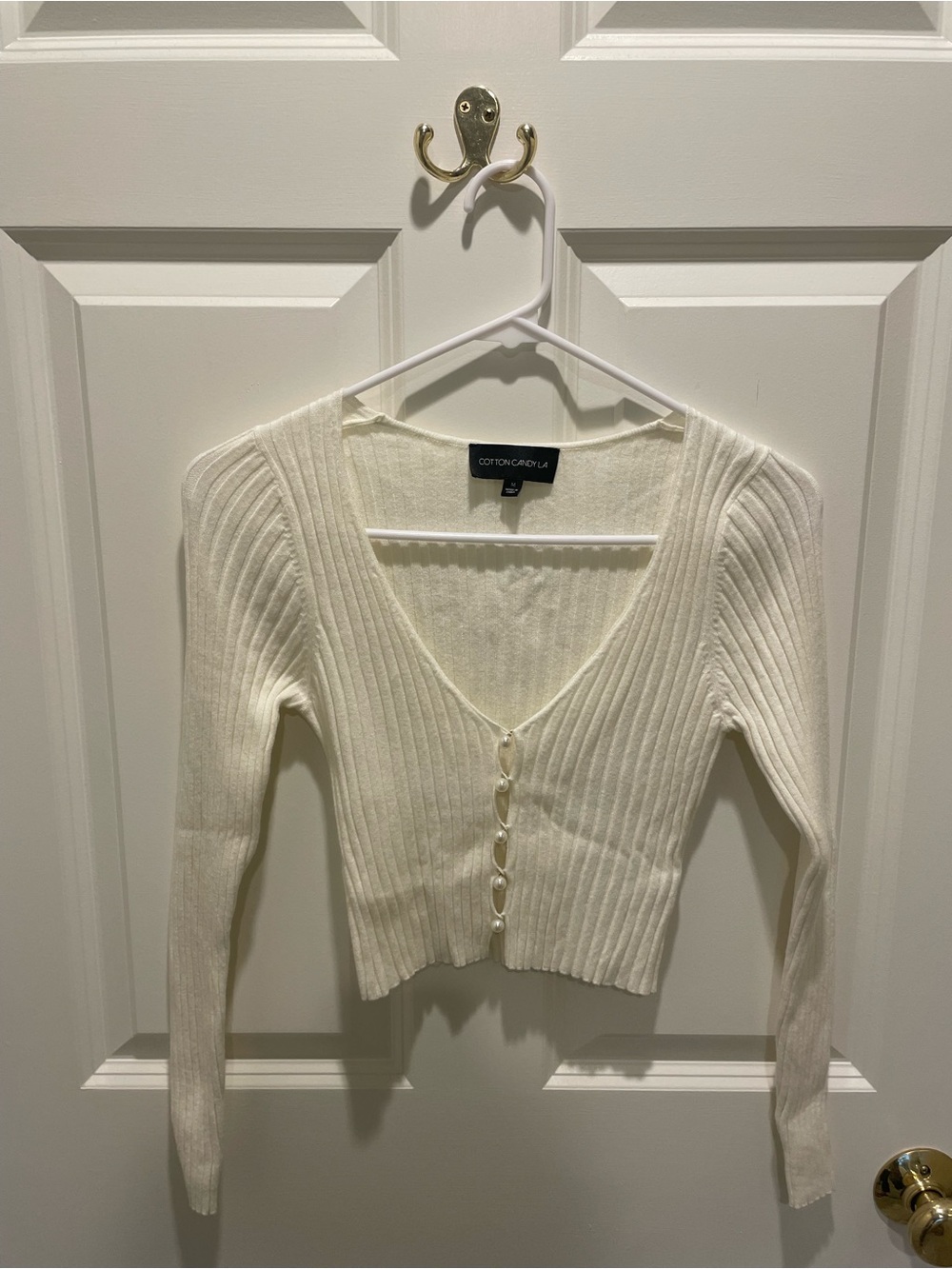 Cotton Candy Cream Ribbed V-Neck Button-Front Sweater